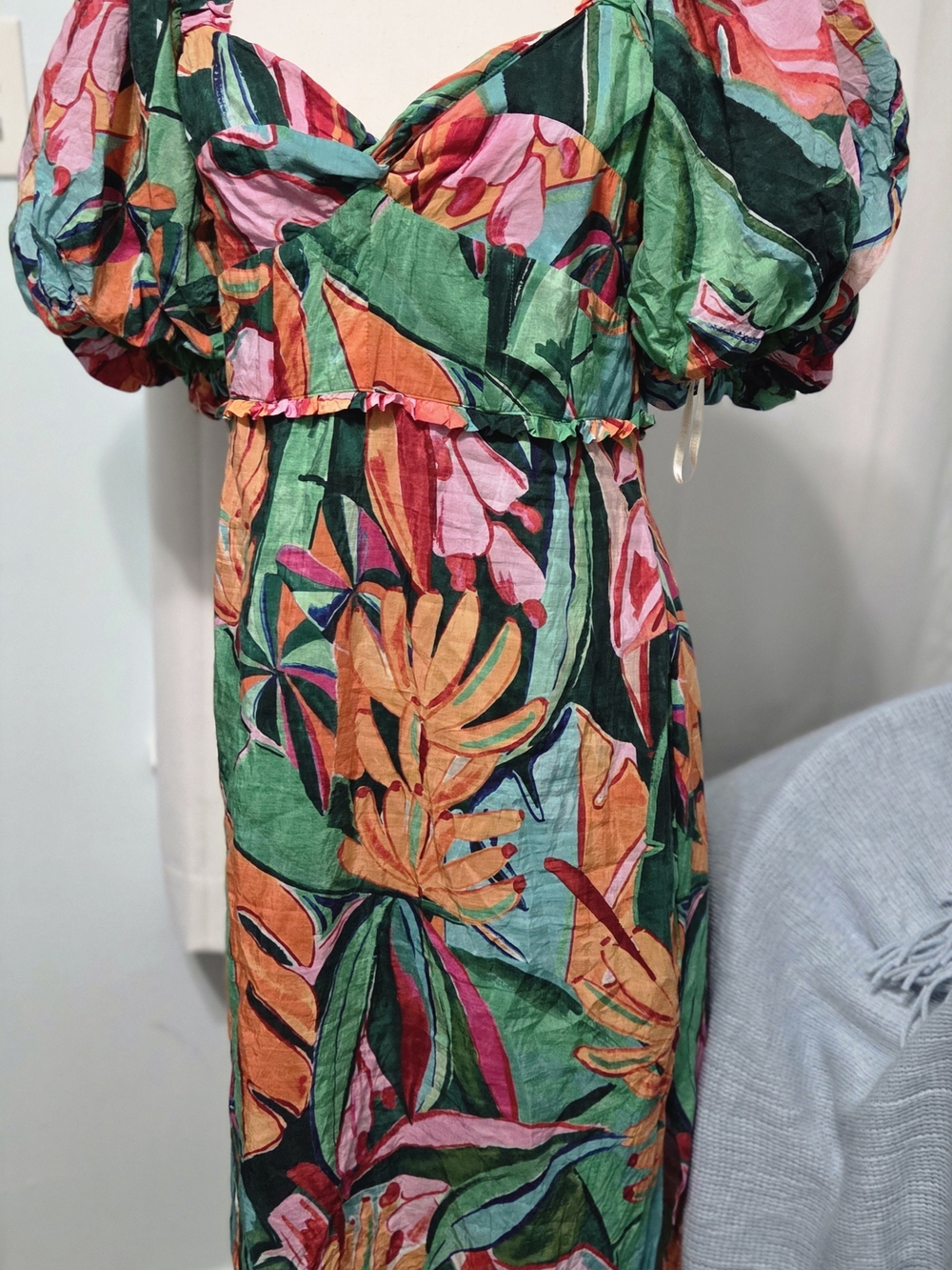 Farm Rio Tropical Floral Sz L Puff-Sleeve Midi Dress in Green & Orange Cotton